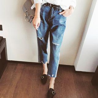 Ripped Two-tone Cropped Jeans