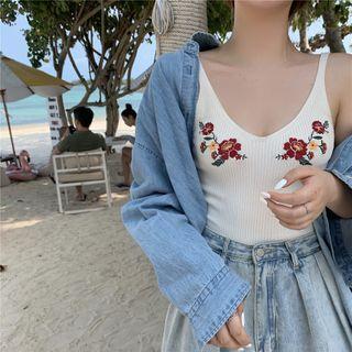 Floral Embroidered Knit Camisole Top White - One Size