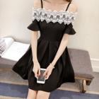 Short-sleeve Cold-shoulder Crochet Lace Trim A-line Dress