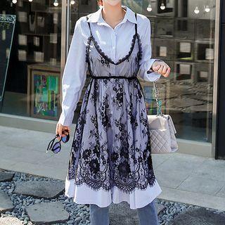Set: Stripe Shirtdress + Sheer Lace Dress