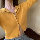 Plain V-neck Slim-fit Long-sleeve Zip Jacket