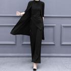 Set: Mock Turtleneck Drawstring T-shirt + Long Cardigan + Wide-leg Pants