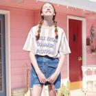 Letter Print Stripe T-shirt Beige - One Size