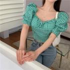 Puff-sleeve Gingham Cropped Blouse Gingham - Green - One Size