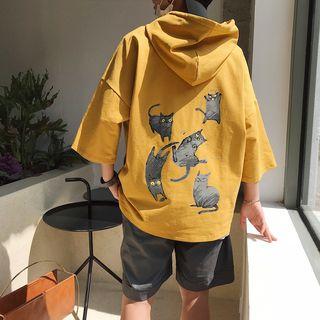 Printed 3/4-sleeve Hooded Pullover