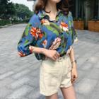 Flower Print Elbow-sleeve Blouse Blue - One Size