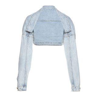 Plain Long-sleeve Cropped Jacket Blue - One Size
