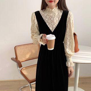 Mock Two-piece Lace-sleeve Midi A-line Dress Black - One Size
