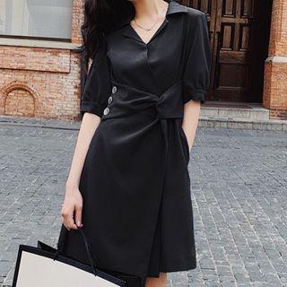 Elbow-sleeve Irregular A-line Midi Shirtdress