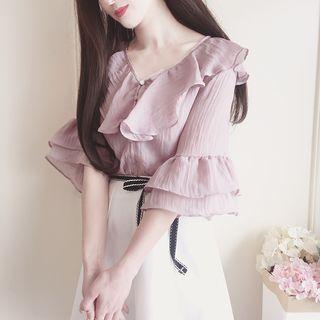 Frilled Elbow-sleeve Chiffon Blouse