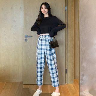 High Waist Plaid Straight-cut Pants