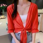 Elbow-sleeve V Neck Plain Chiffon Light Cropped Jacket