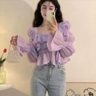 Bell-sleeve Square Neck Ruffled Blouse Purple - One Size