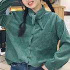 Plain Lace-up Corduroy Long-sleeve Blouse