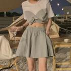 Short-sleeve Color Block Cropped Top / High-waist Plain Skort