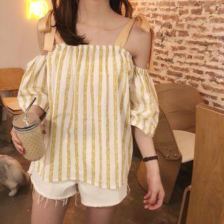 Short-sleeve Drawstring Strap Striped Blouse