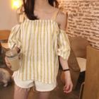 Short-sleeve Drawstring Strap Striped Blouse
