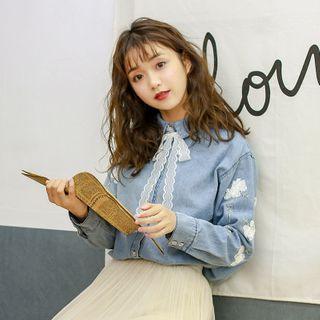 Bow-neck Floral Embroidered Denim Shirt