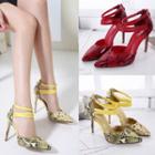 Pointy Toe Ankle Strap Snake Pumps