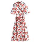 Short-sleeve Cherry Print Midi A-line Shirt Dress