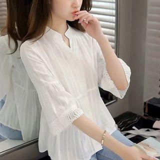 Plain Elbow Sleeve Tasseled Blouse