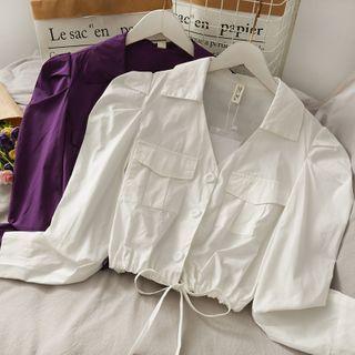 Drawstring-waist V-neck Crop Blouse