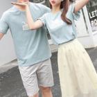 Couple Matching Set: Printed Short-sleeve T-shirt + Shorts / Mesh Midi Skirt
