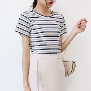 Short-sleeve Striped T-shirt Light Blue - One Size