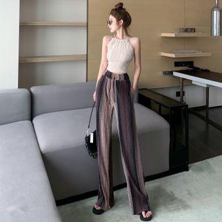 Cropped Knit Halter Top / Colorblock Wide-leg Pants