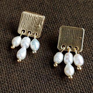 Freshwater Pearl Fringed Square Alloy Earring 1 Pair - 1953 - Gold - One Size