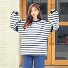 Puff Long-sleeve Contrast-trim Stripe Sweatshirt