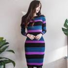 Stripe Long-sleeve Knit Sheath Dress Stripe - One Size