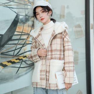 Fleece Panel Plaid Hooded Zip Jacket