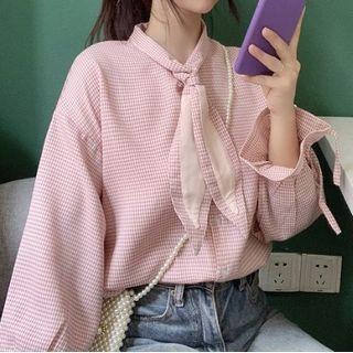 Ribbon Bell-sleeve Plaid Blouse