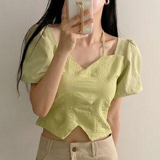 Puff-sleeve Halter V-neck Asymmetrical Hem Crop Blouse