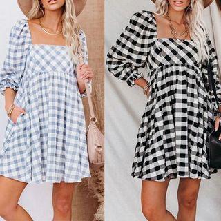 Puff Sleeve Plaid Square-neck Dress