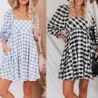 Puff Sleeve Plaid Square-neck Dress