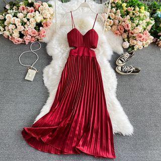 Cut-out Spaghetti-strap Pleated Maxi Dress