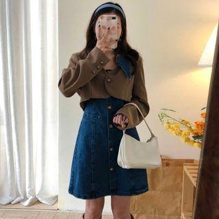 Set: Spaghetti-strap Denim Mini A-line Dress + Cropped Jacket