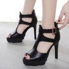 Faux Leather Cutout Ankle Strap High Heel Sandals