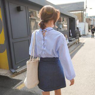 Set: Lace-up Back Striped Shirt + Denim Skirt