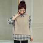 Mock Two-piece Long-sleeve Plaid Panel Knit Blouse