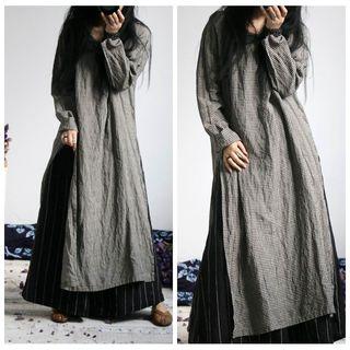Slit Side Gingham Long-sleeve A-line Midi Dress