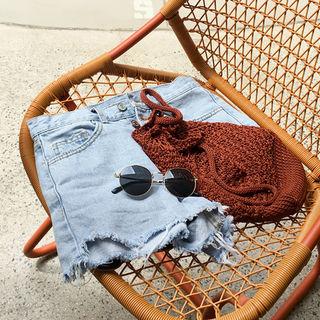 Frey-hem Button-detail Denim Shorts