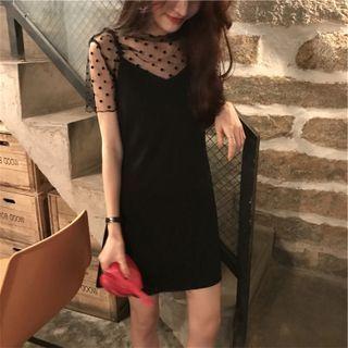 Set: Short-sleeve Dotted Mesh Top + Midi A-line Overall Dress