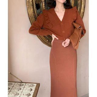 V-neck Ruffle Trim Knit Dress
