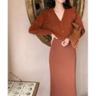 V-neck Ruffle Trim Knit Dress