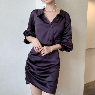 Long-sleeve Plain Gather Waist Dress