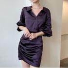 Long-sleeve Plain Gather Waist Dress