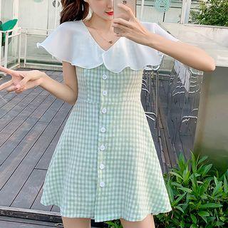 Short-sleeve Chiffon Paneled Checker A-line Mini Dress